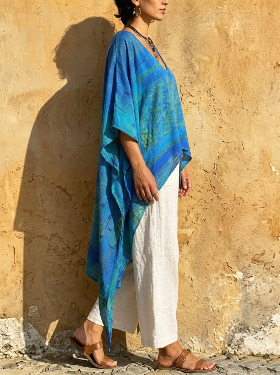Women‘s Boho Blue Gradient Leaf Print Batwing Kaftan Tunic Top