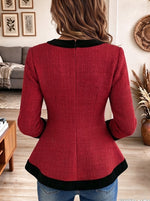 Women's Red Textured Knit Cardigan with Black Velvet Trim and Gold Buttons