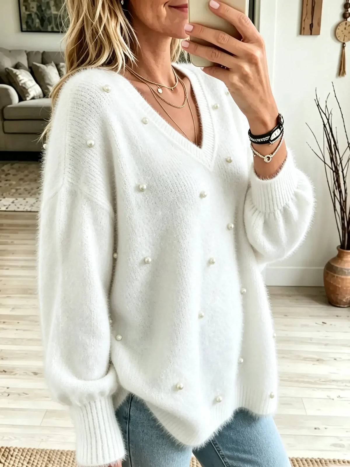 Women's Faux Pearl Embellished Fuzzy V-Neck Sweater