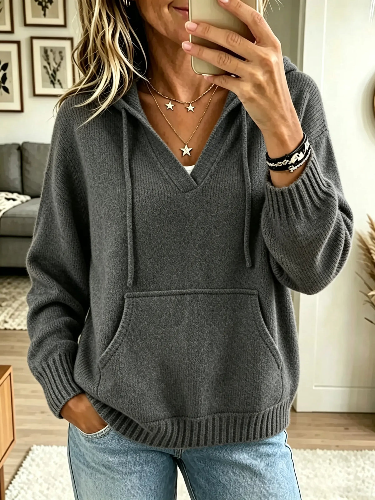 Women's V-Neck Knit Pullover Hoodie