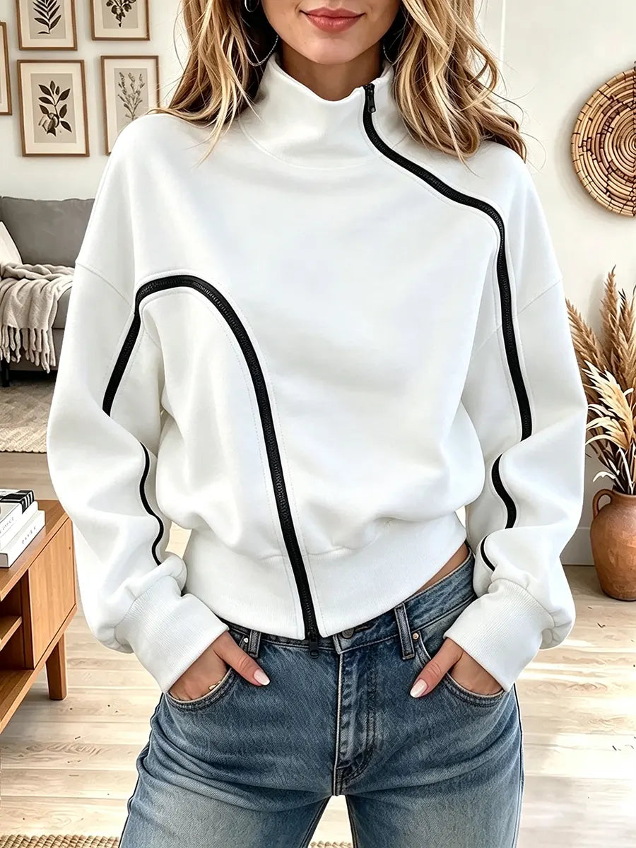 Women's Asymmetric Diagonal Zip High Neck Sweatshirt