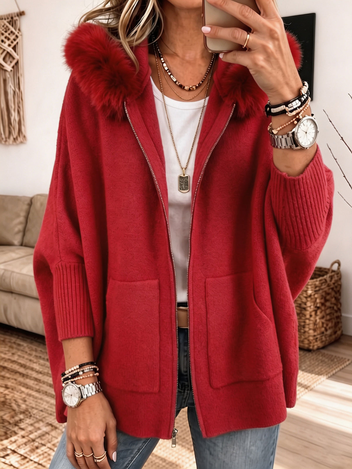 Women Furry Hood Zip‑Up Knit Cardigan, Oversized Cozy Knitted Jacket With Pockets