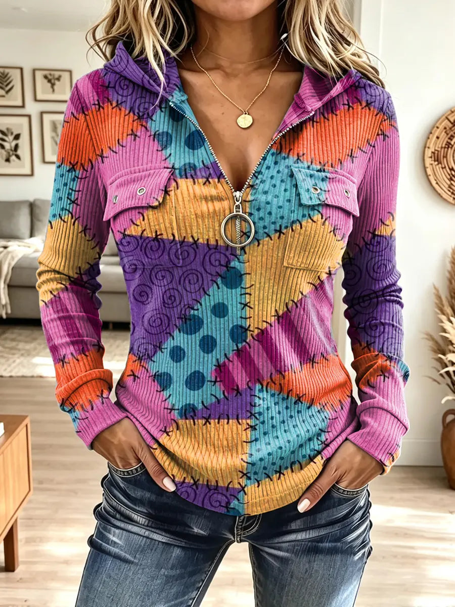 Vintage Patchwork Zip Art Casual Stylish Hooded Long Sleeve Top