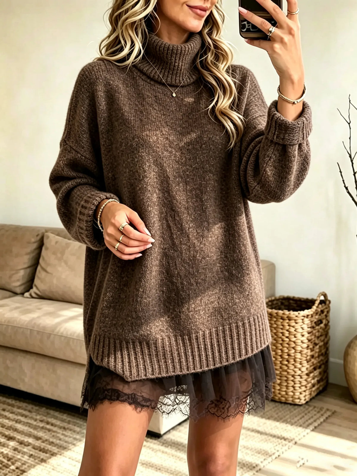 Women's Turtleneck Lace Hem Sweater Dress