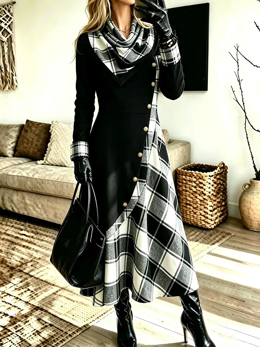 Women's Plaid Patchwork With Buttons Pockets Ruffled Neck Long-sleeve Dress
