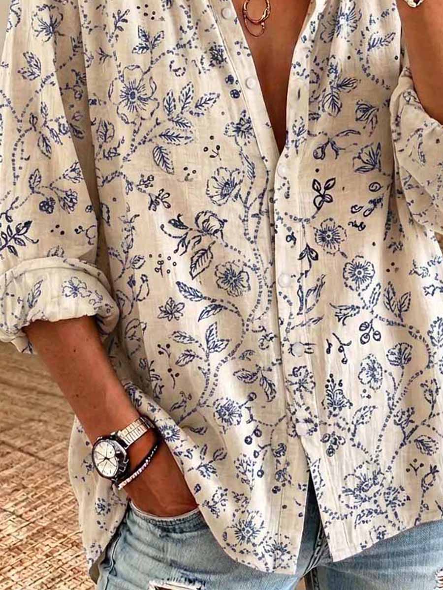 Retro Floral Pattern Art Print Casual Long Sleeve Cotton Linen Shirt