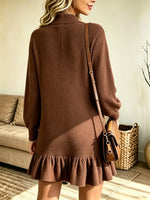 Women's Half-Zip Ruffle Hem Ribbed Sweater Dress