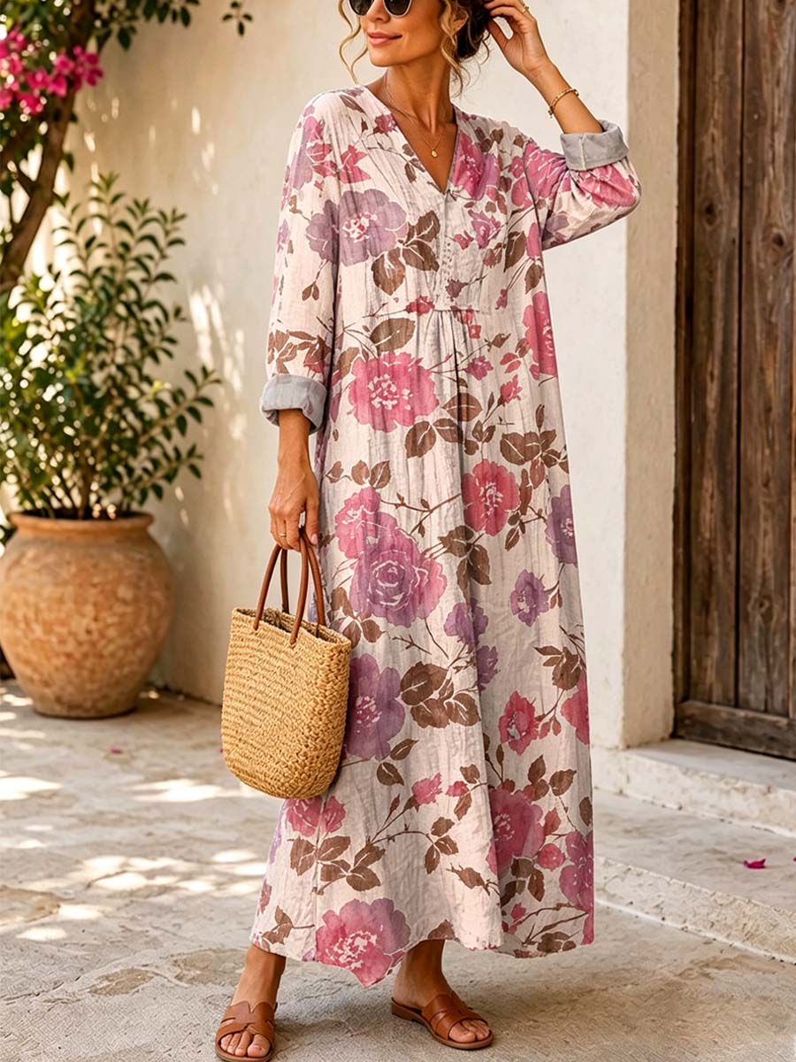 Retro Floral Pattern Art Print Casual V-neck Long Sleeve Cotton Linen Maxi Dress