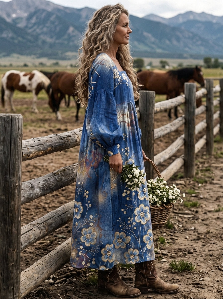 Women‘s Blue Tie Dye Floral Square Neck Balloon Sleeve Boho Midi Dress
