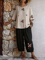 Womens’ Floral Embroidery Three Quarter Sleeve Top & Cropped Jogger Pants Two Piece Set