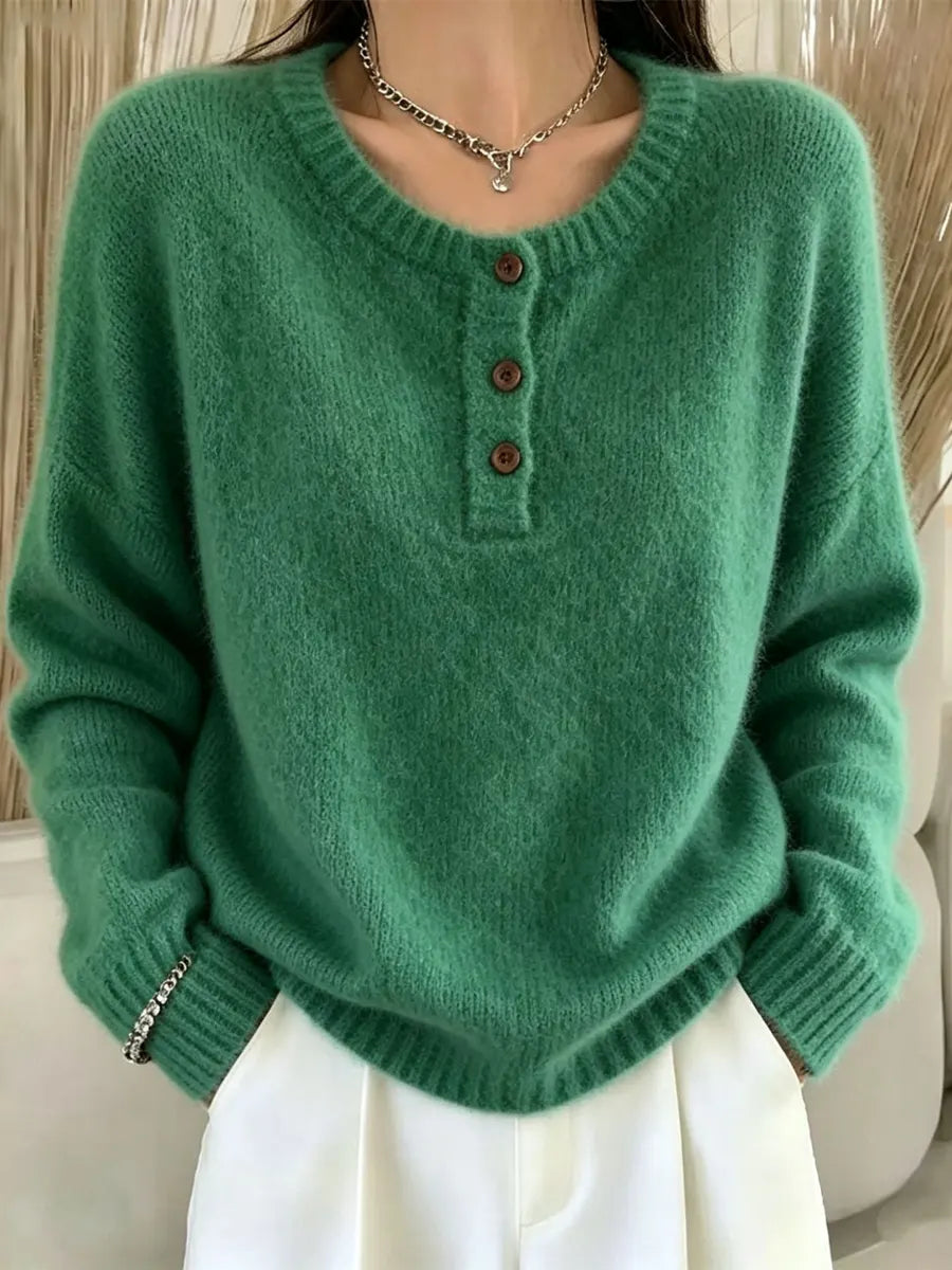 Retro Elegant Button Round Neck Art Casual Stylish Long Sleeve Knitted Sweater
