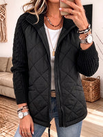 Women Quilted Knit Splice Zip‑Up Jacket, Stand Collar Mixed Media Casual Outerwear With Pockets