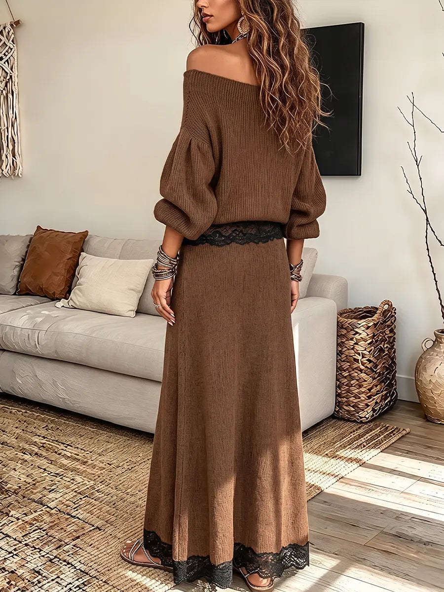 Vintage Elegant Knitted Fabric Patchwork Lace Off-shoulder Top And Skirt Two-piece Set