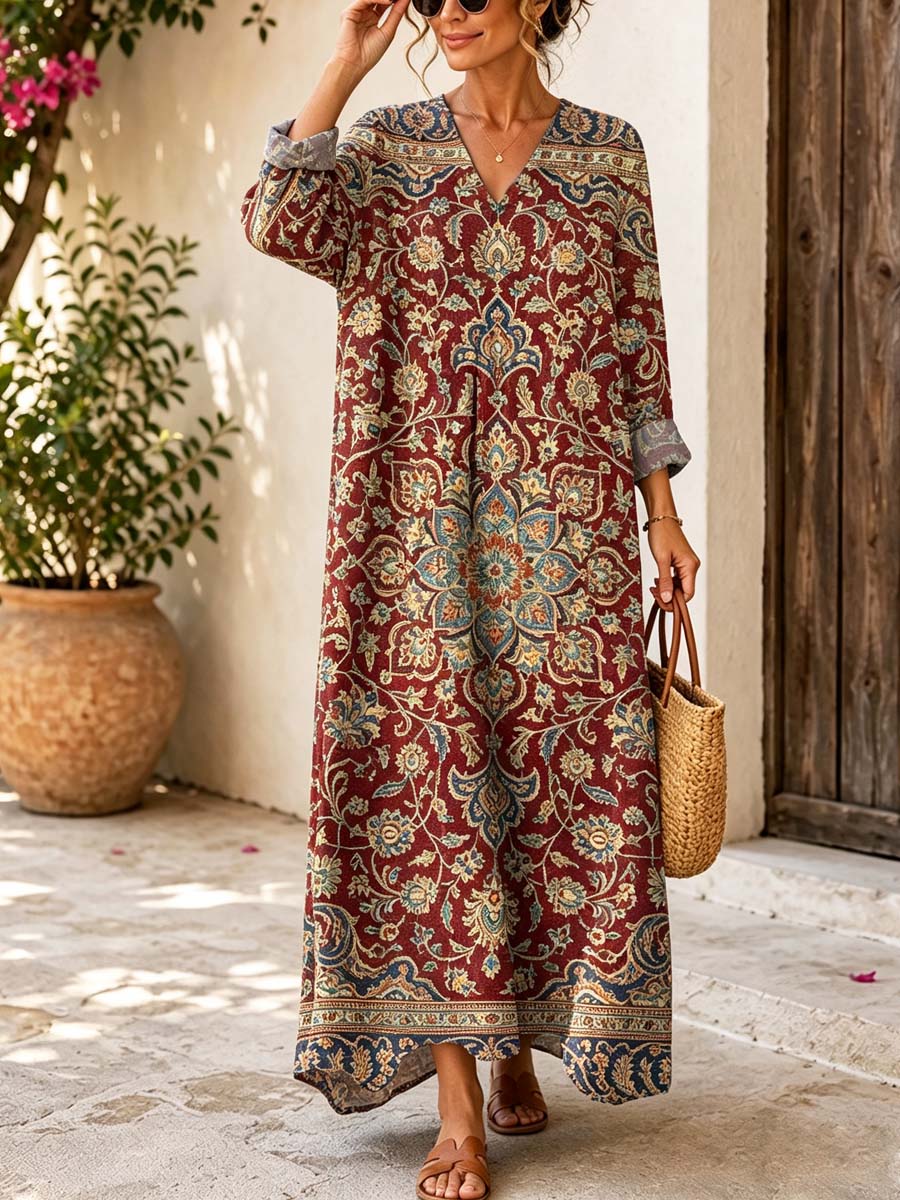 Retro Ethnic Floral Pattern Art Print Casual V-neck Long Sleeve Cotton Linen Maxi Dress
