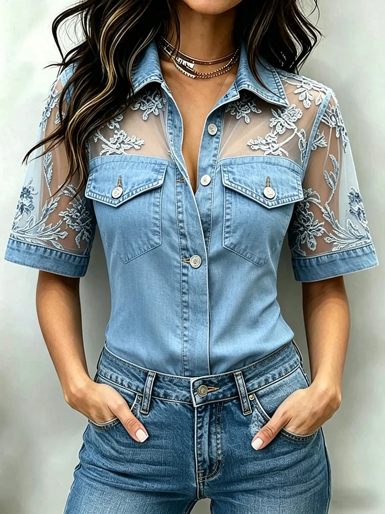 Stylish Casual Spliced lace Denim Shirt