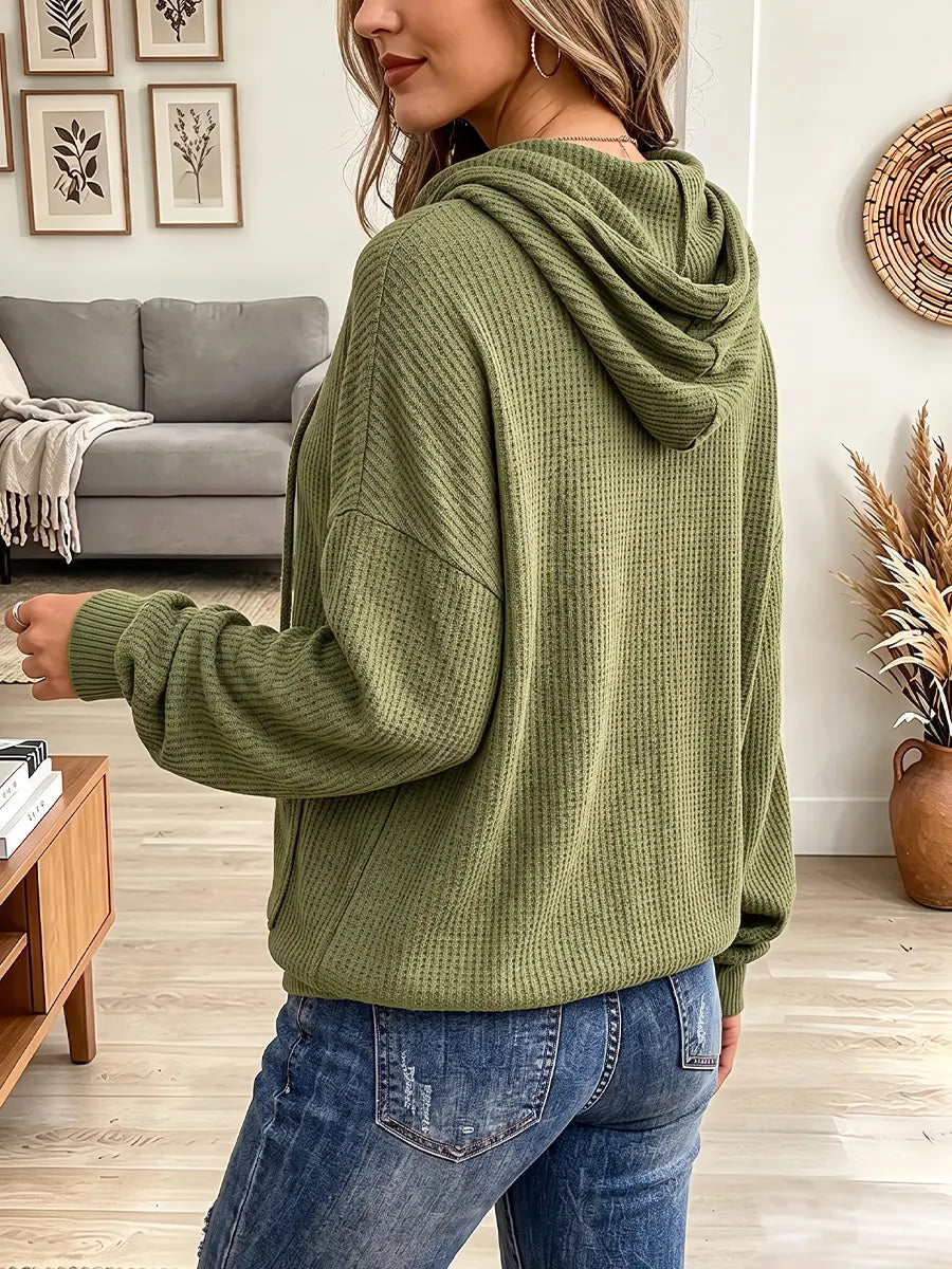 Vintage Elegant Waffle Knit Pocket Hood Shirt
