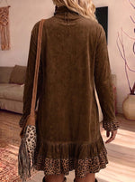 Teal Velvet Leopard Contrast Ruffle Hem Tunic Dress With Pockets