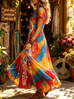 Women's Tie-Dye Daisy Peace Print Maxi Dress