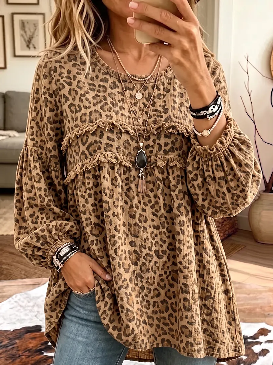 Women's Vintage Elegant Textured Crinkle Ruffle Babydoll Tunic Blouse