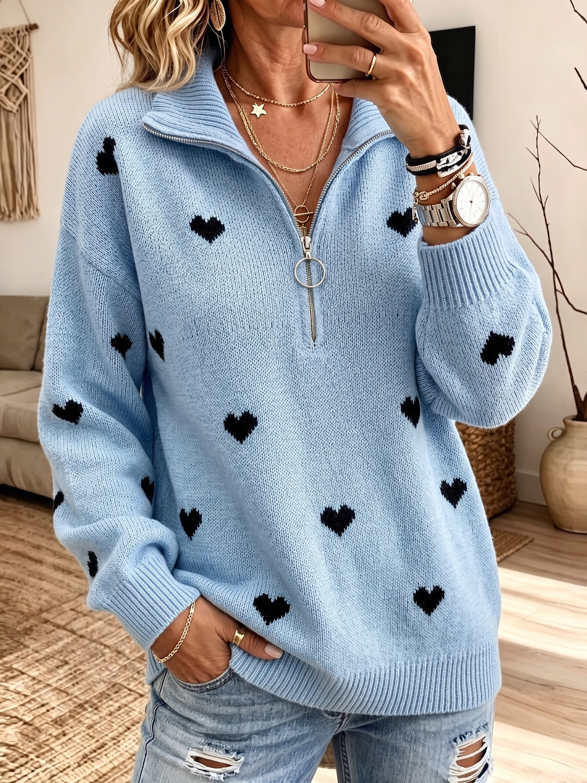 Women Heart Jacquard Half‑Zip Collar Sweater Long Sleeve Loose Knit Jumper