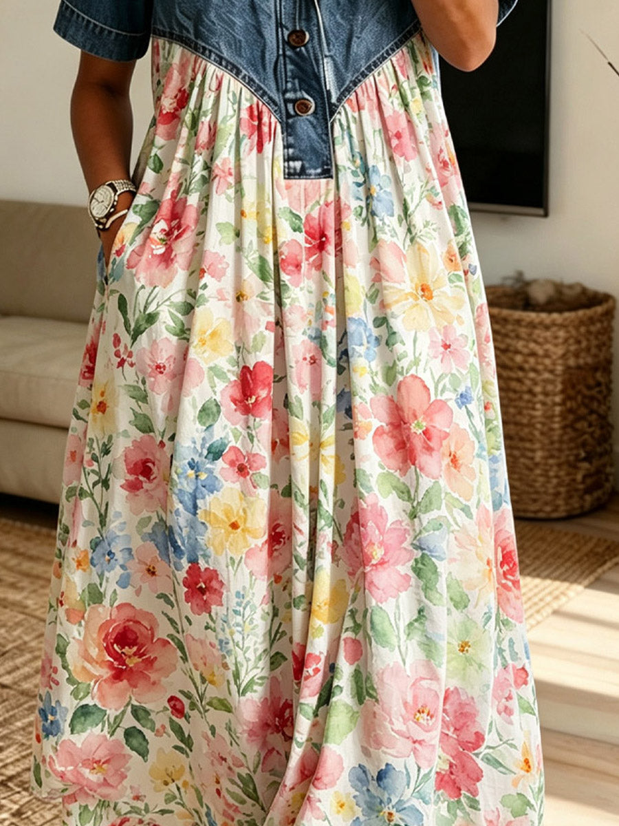 Vintage Floral Pattern Art Print Casual Stylish Lapel Denim Patchwork Dress