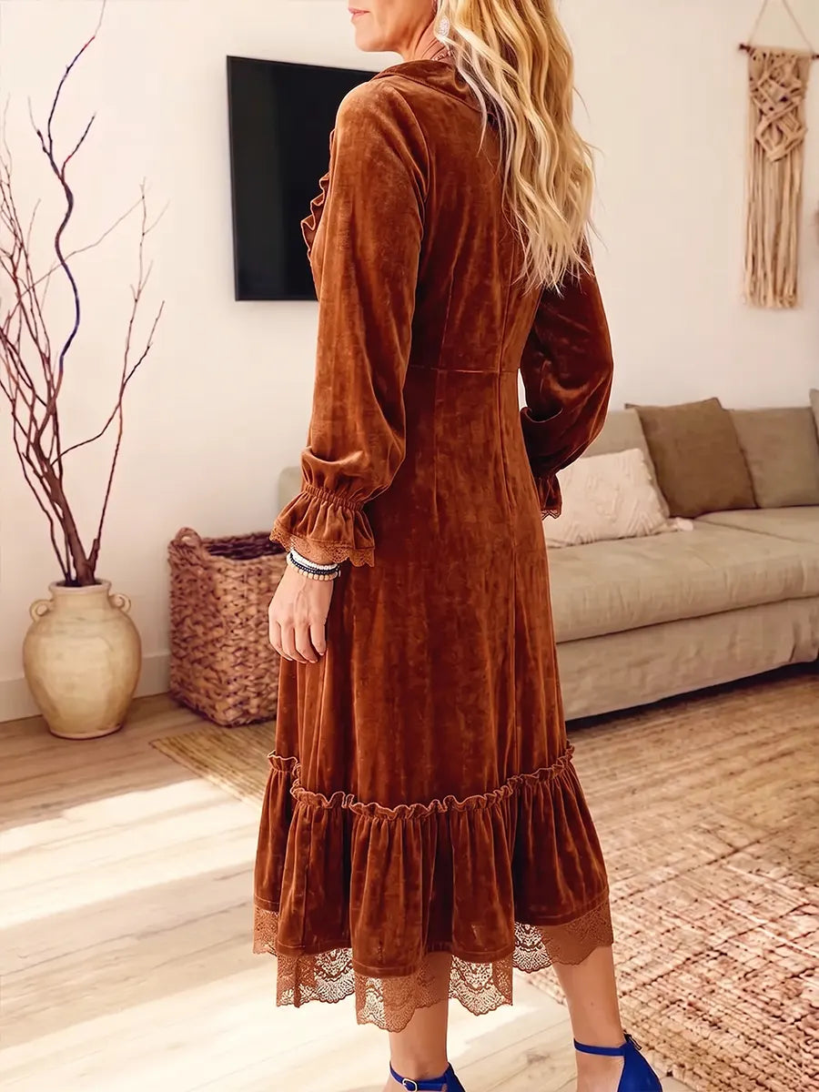 Vintage Elegant Lace-trimmed Lantern Sleeve Ruffled V-neck Velvet Dress