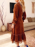 Vintage Elegant Lace-trimmed Lantern Sleeve Ruffled V-neck Velvet Dress