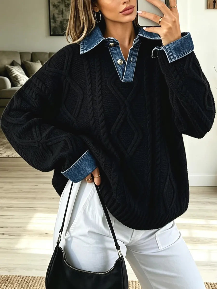 Retro Denim Patchwork Art Casual Stylish Long Sleeve Knit Sweater