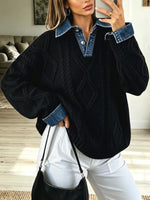 Retro Denim Patchwork Art Casual Stylish Long Sleeve Knit Sweater