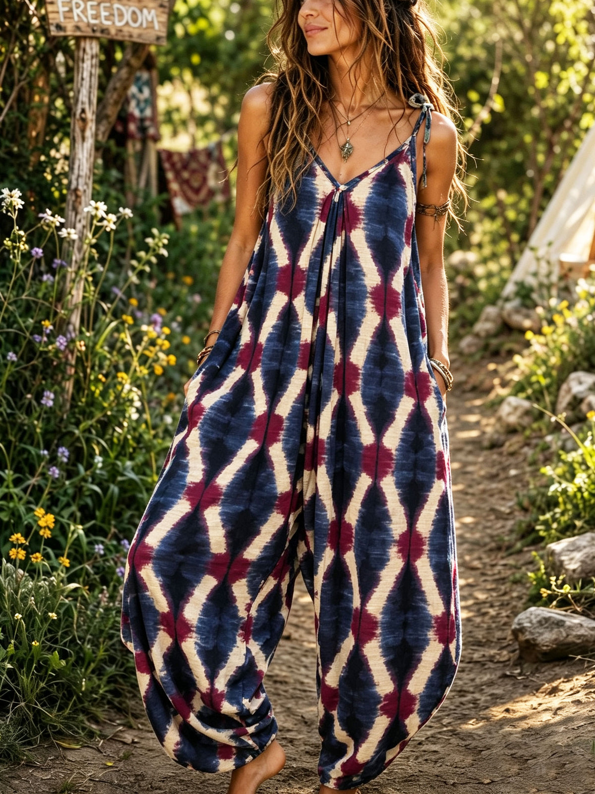 Women’s Boho Tie Dye Geometric Spaghetti Strap Harem Jumpsuit With Pockets