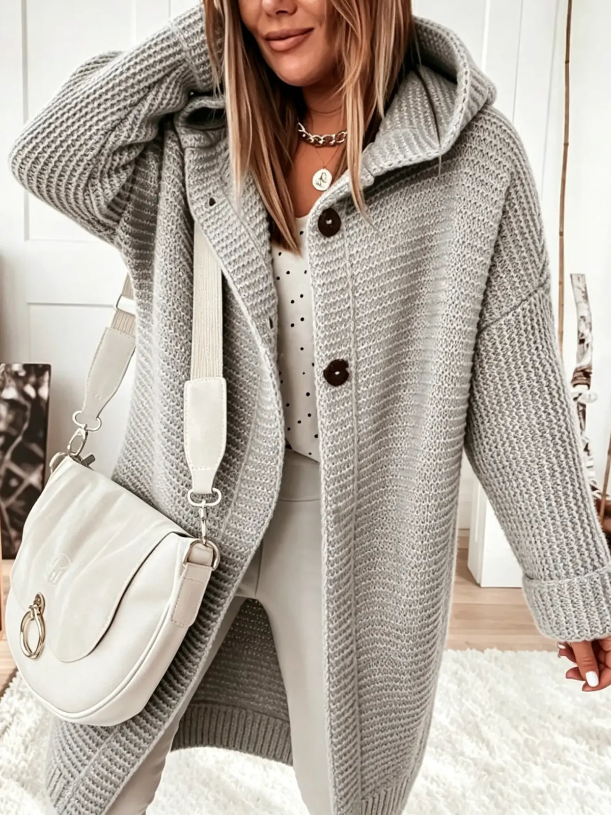 Women's Hooded Knit Button-Down Midi Cardigan