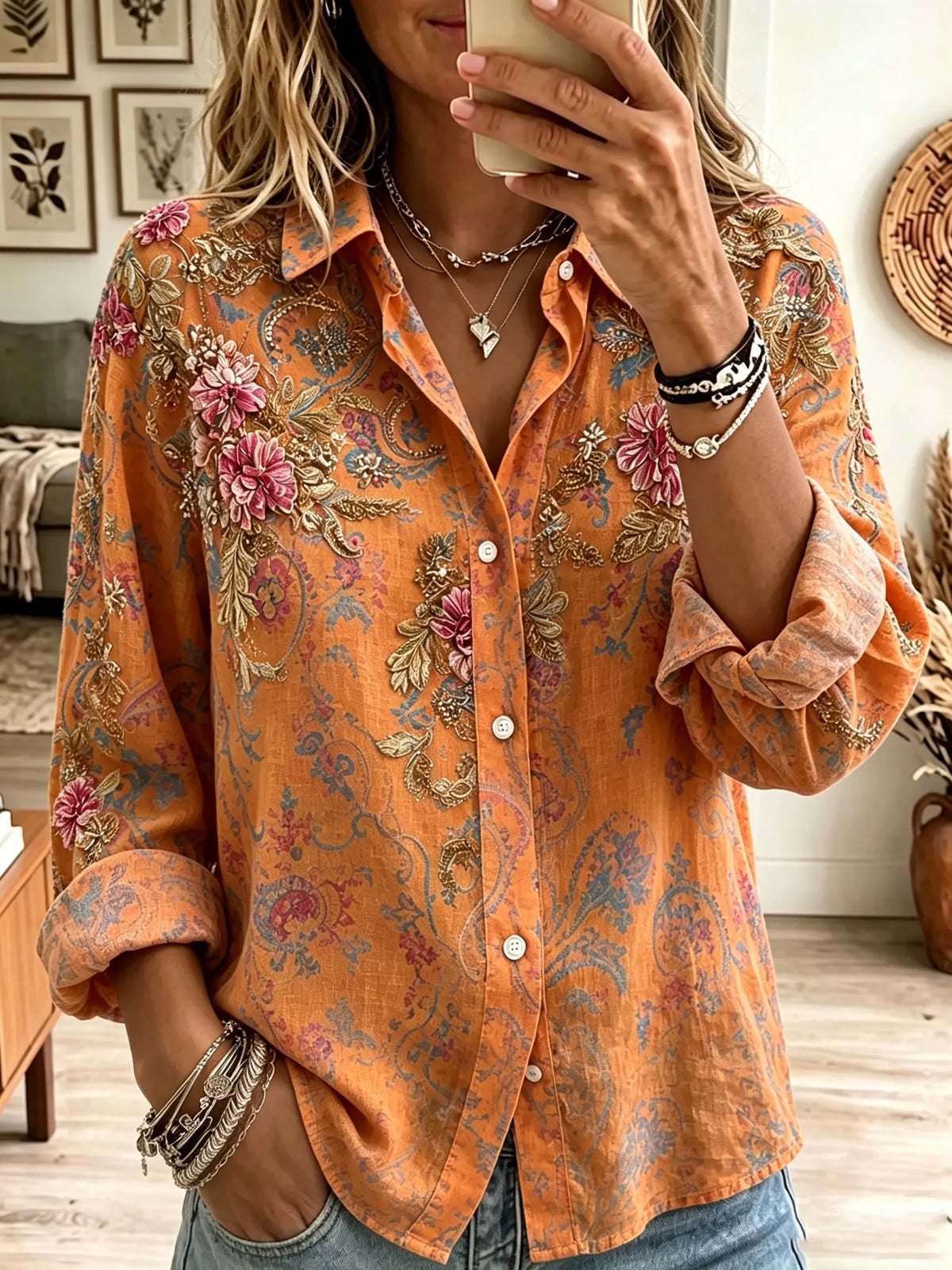Women's Floral Paisley Prinr Button-Down Shirt