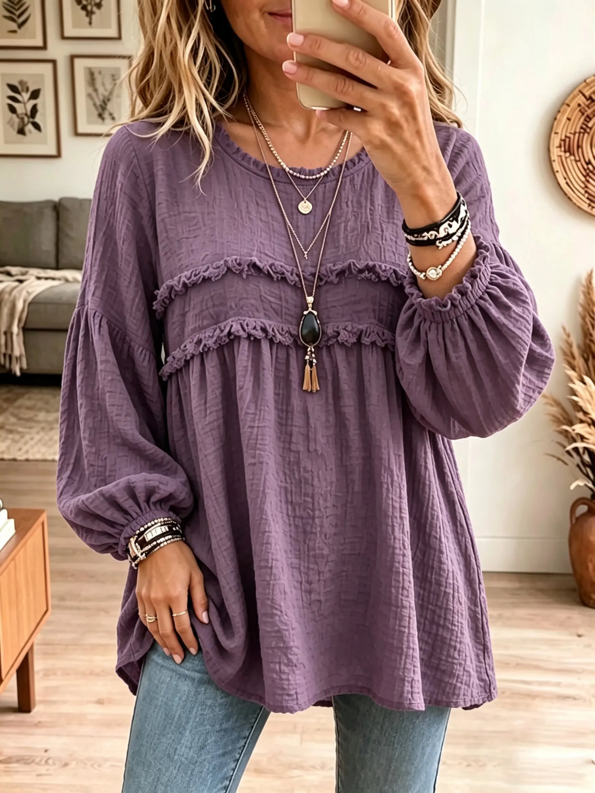 Women's Textured Crinkle Ruffle Babydoll Tunic Blouse
