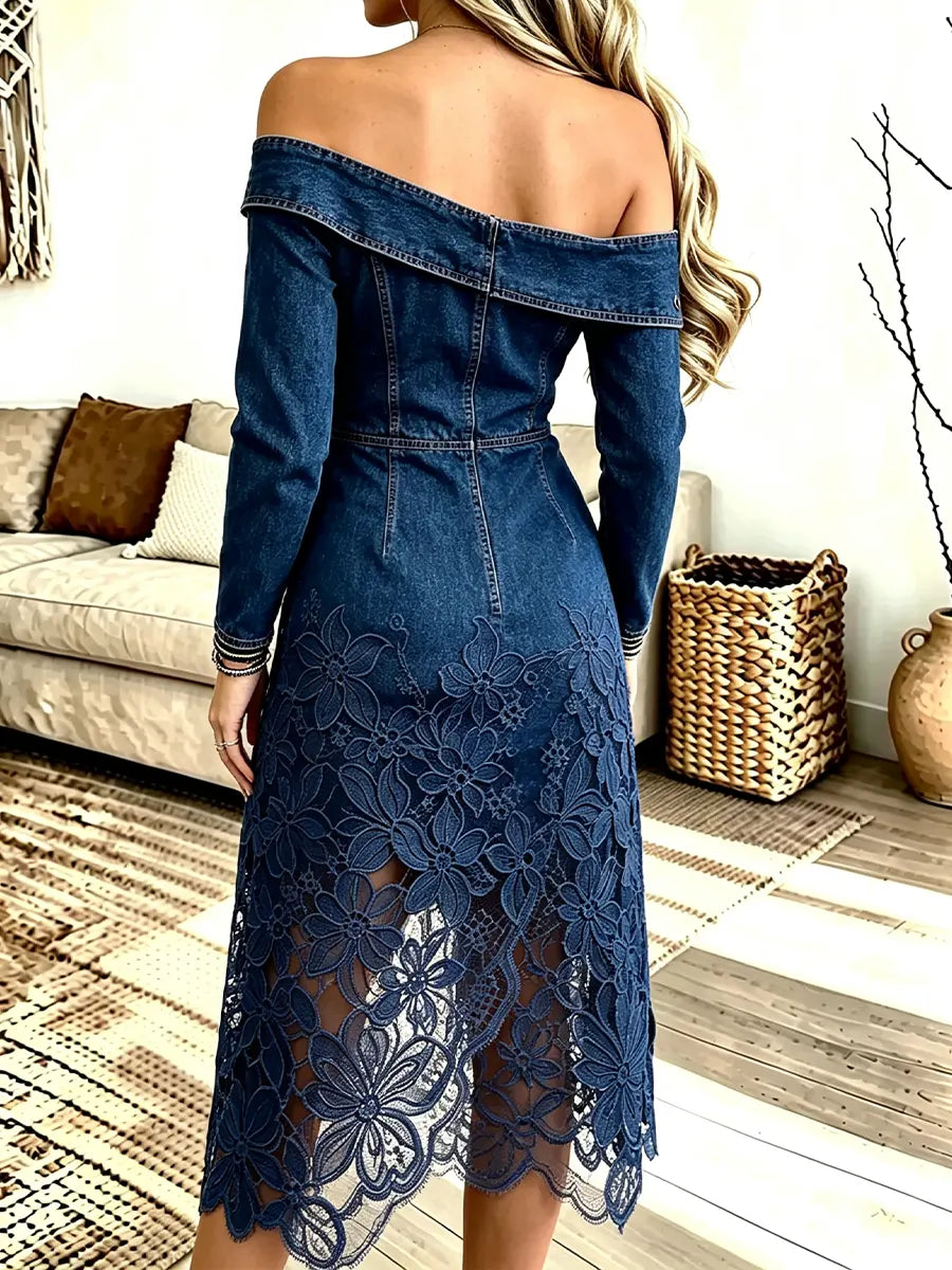 Women's Lace Patchwork One-shoulder Off-shoulder Denim Dress
