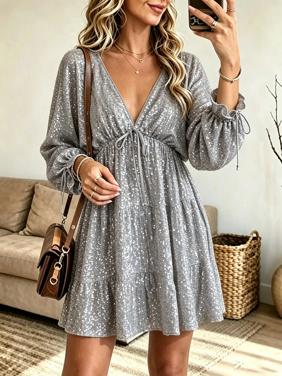 Women's Sequin Tie-Front Tiered Babydoll Mini Dress