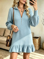 Women's Half-Zip Ruffle Hem Ribbed Sweater Dress