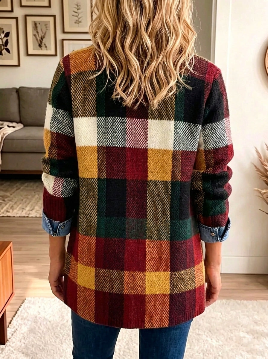 Autumn Color Block Plaid Denim Spliced Blazer Jacket, Women Lapel Button Outerwear