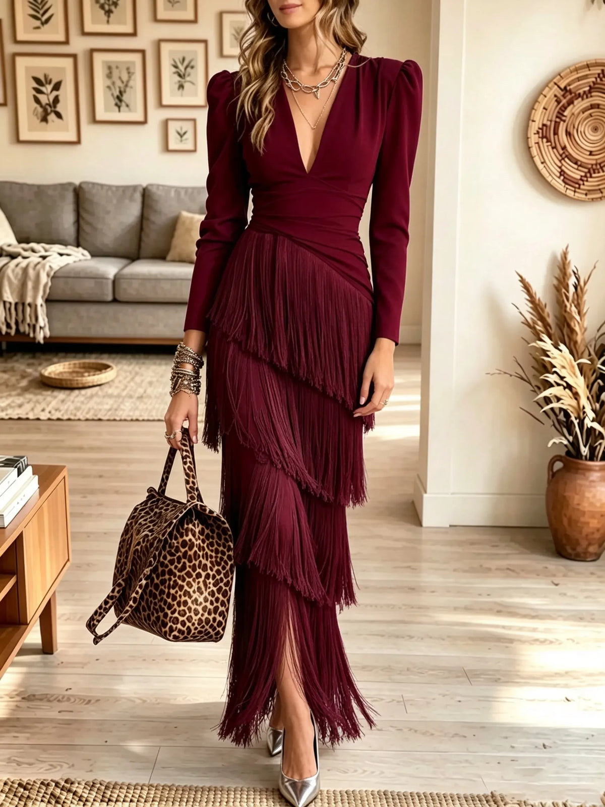Women's Plunging V-Neck Tiered Fringe Midi Dress