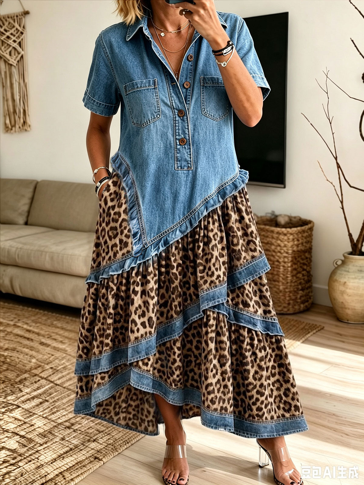 Women's Denim Leopard Patchwork Asymmetrical Tiered Maxi Dress With Pockets