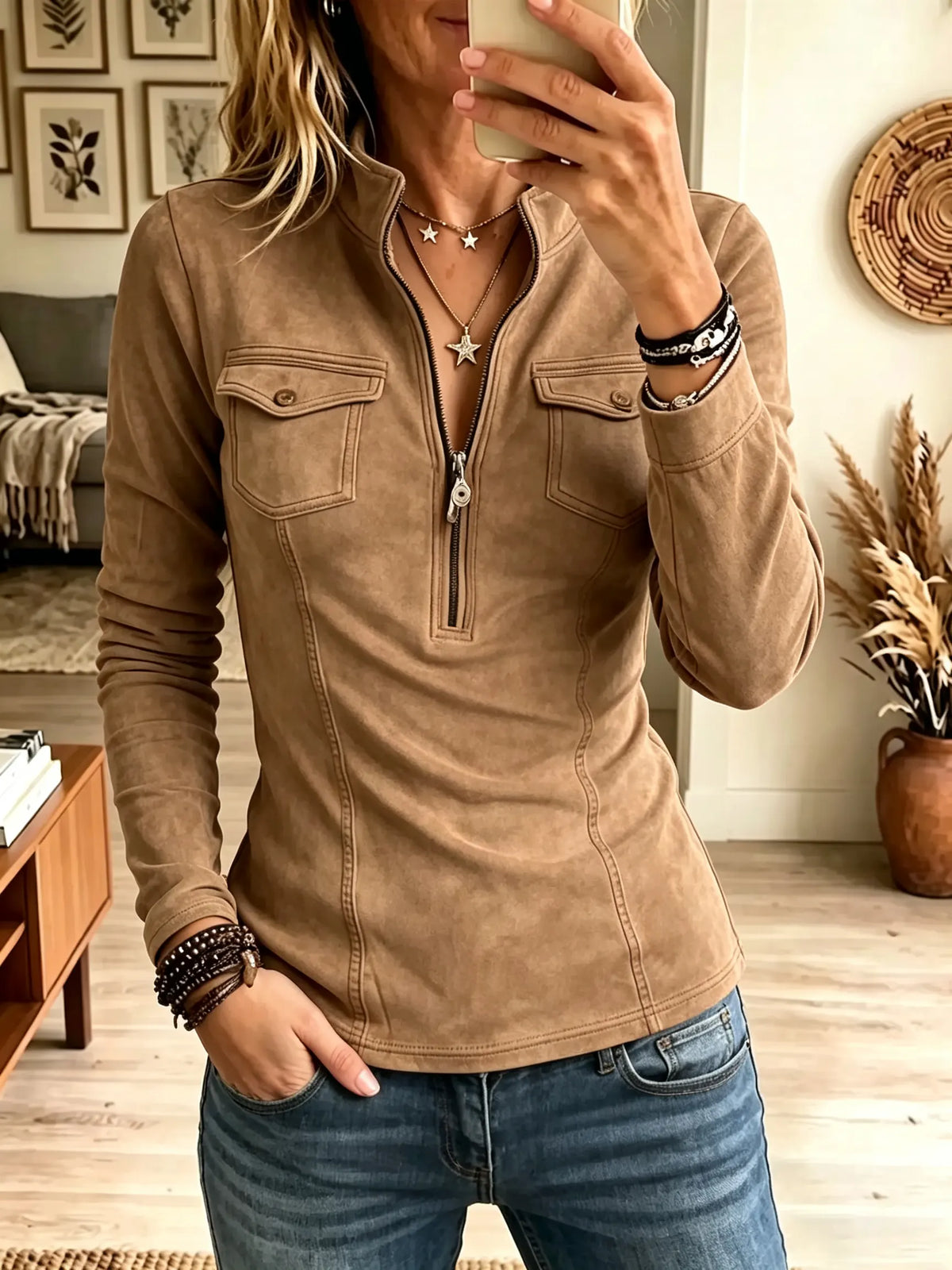Women's Leather Patch Half-Zip Faux Suede Top