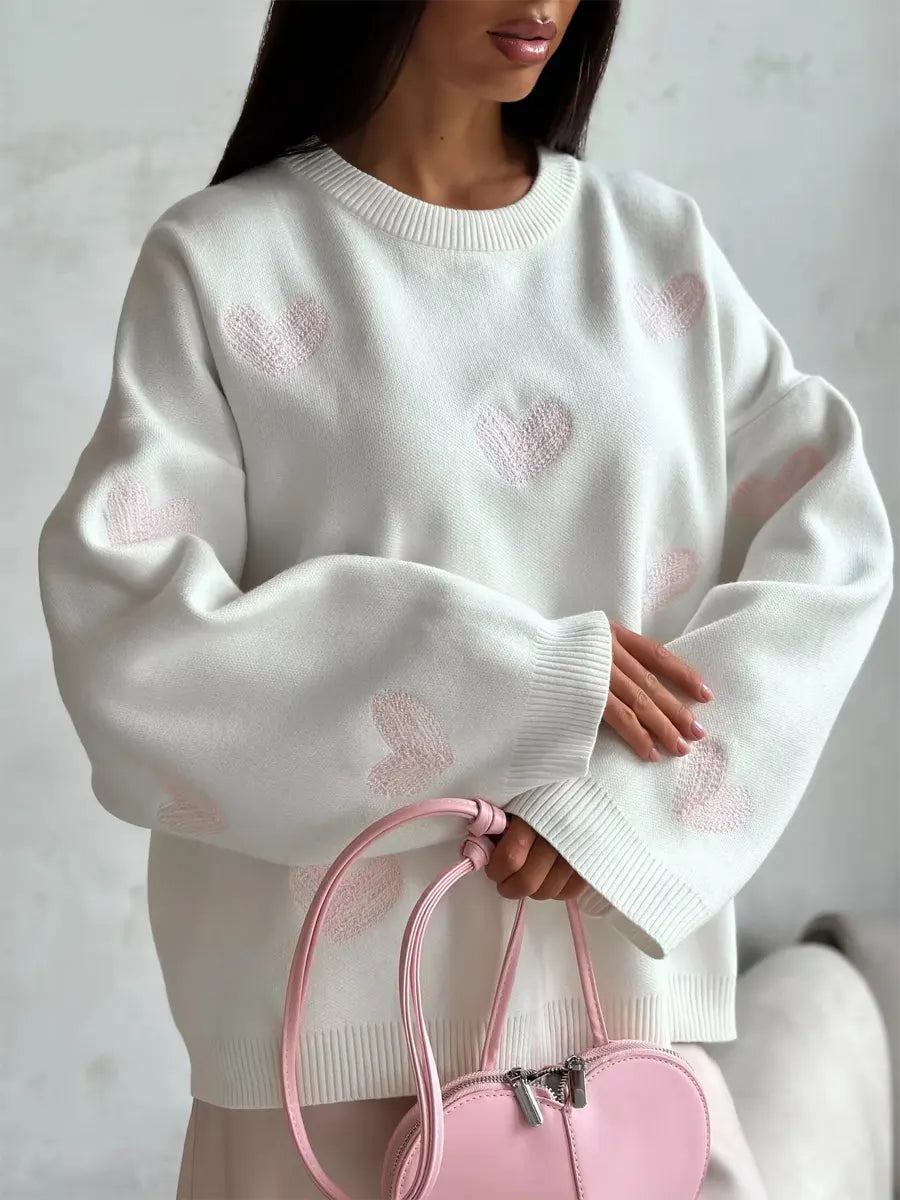 Retro Cozy Hearts Pattern Art Casual Stylish Long Sleeve Maxi Sweater