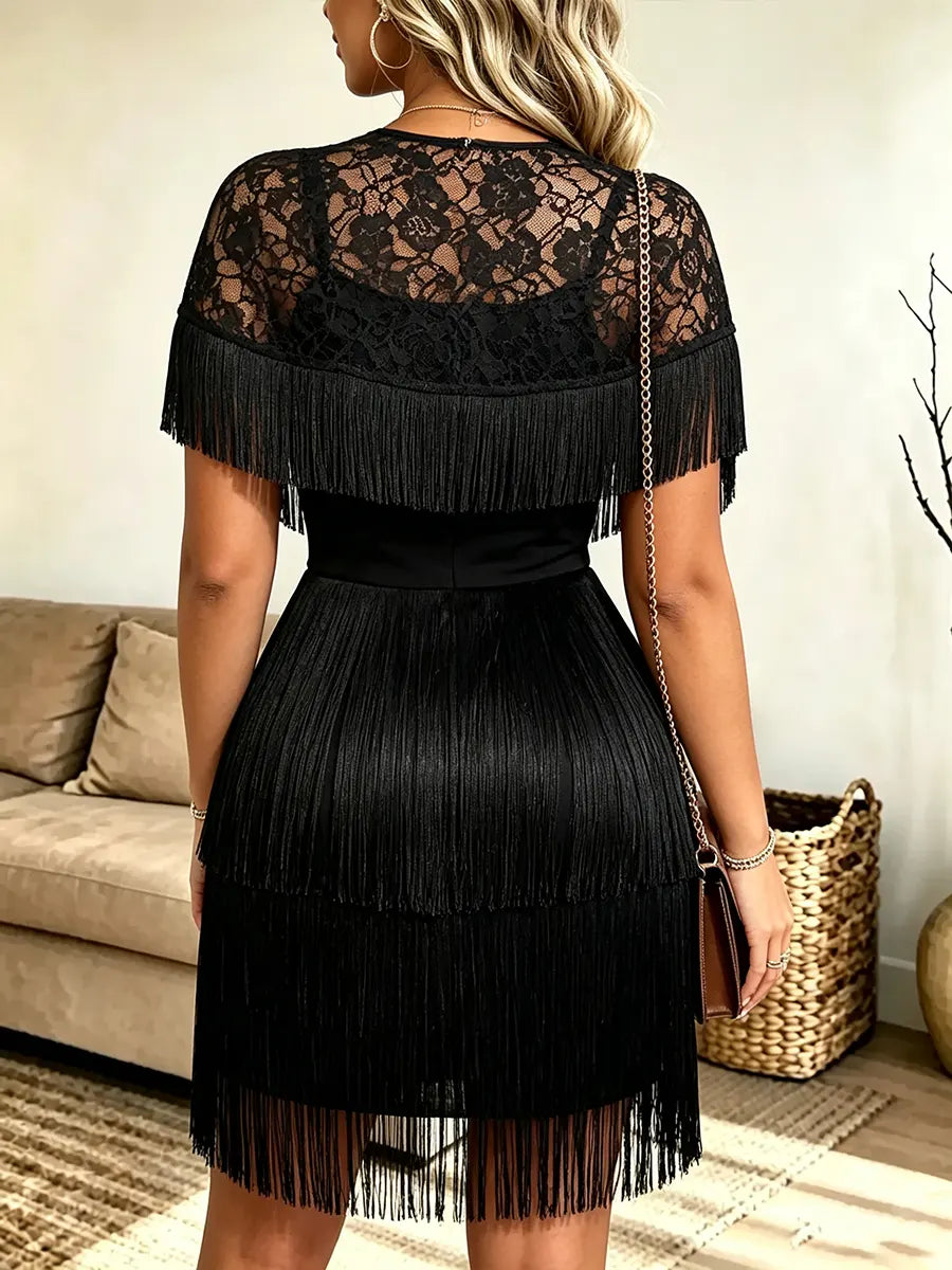 Women's Black Cape Spaghetti Strap Fringe Lace Dress