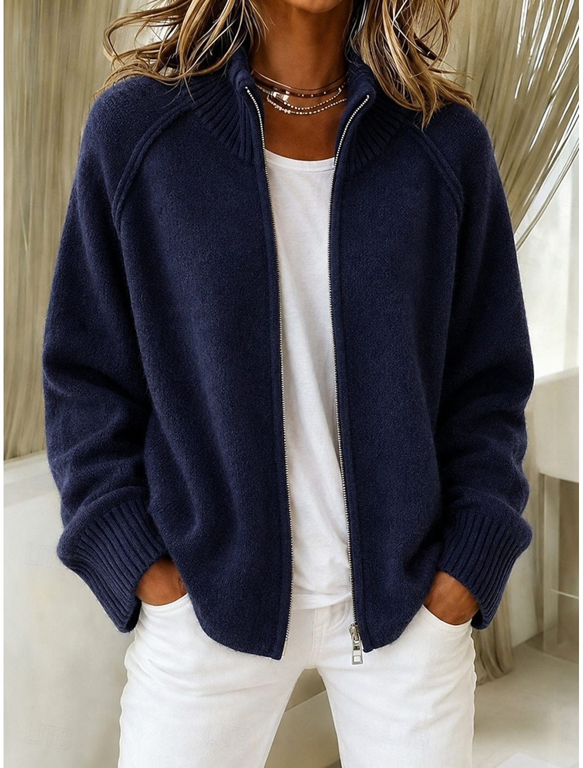 Women Stand Collar Full‑Zip Raglan Sleeve Chunky Knit Cardigan Jacket