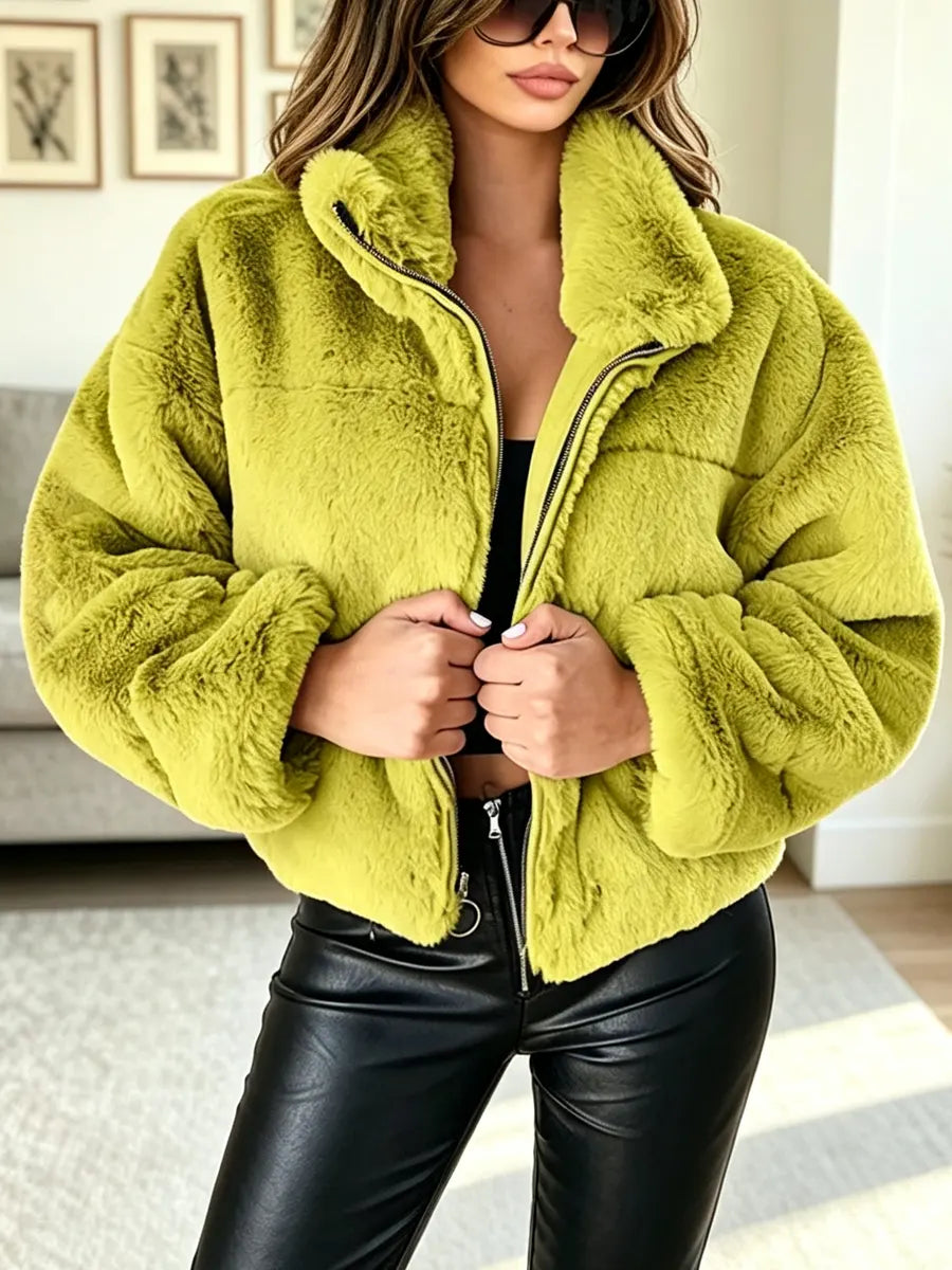 Retro Warm Fur Art Casual Stylish Lapel Zip Long Sleeve Coat