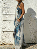 Women's Abstract Oil Painting Print Adjustable Strap Wide Leg Cotton Overalls