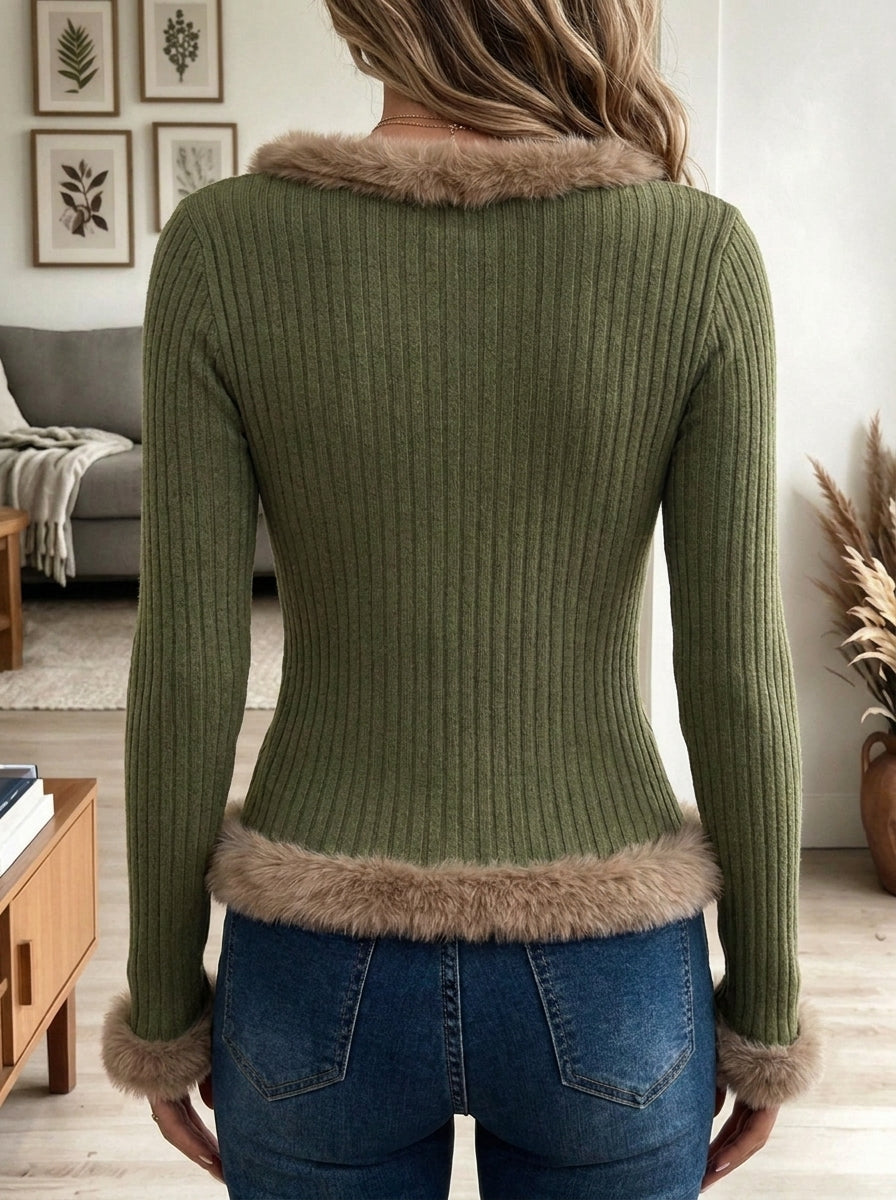 Women's Olive Green Ribbed Knit Top with Contrast Faux Fur Trim Collar and Hem