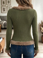 Women's Olive Green Ribbed Knit Top with Contrast Faux Fur Trim Collar and Hem