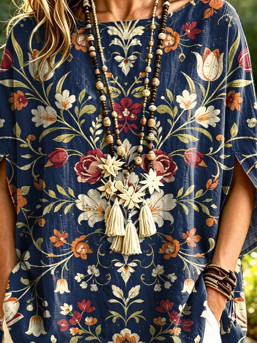 Women's Retro Floral Pattern Art Print Casual Short Sleeve Cotton Linen Shirt