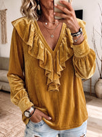 Mustard Velvet Ruffle V‑Neck Long Puff Sleeve Blouse