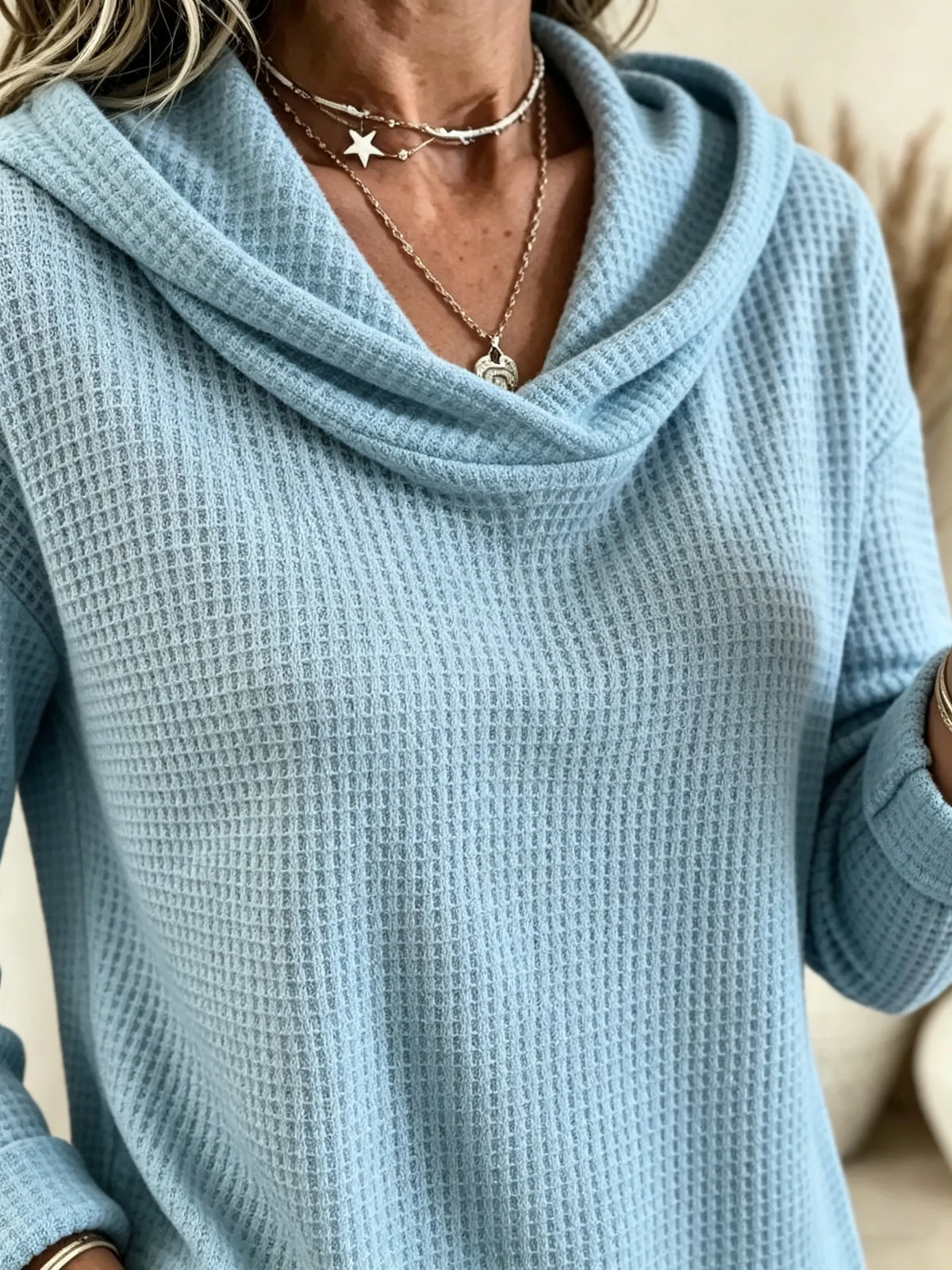 Women's Waffle Knit Cowl Neck Hoodie Top